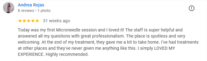 5-star Google review from Andrea Rojas describing her first microneedling session at Pureté Medical Spa